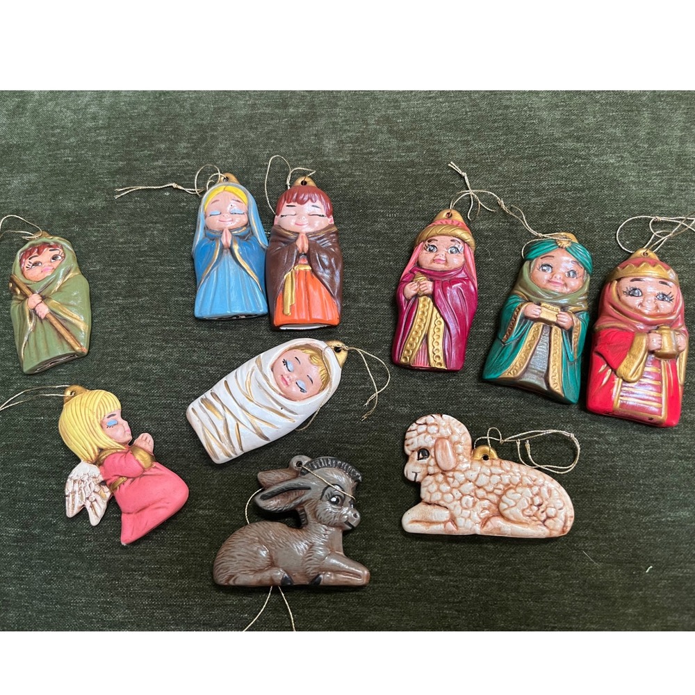 Vintage 80s Ceramic Mini Nativity Christmas Ornaments Hand Painted 10 pieces